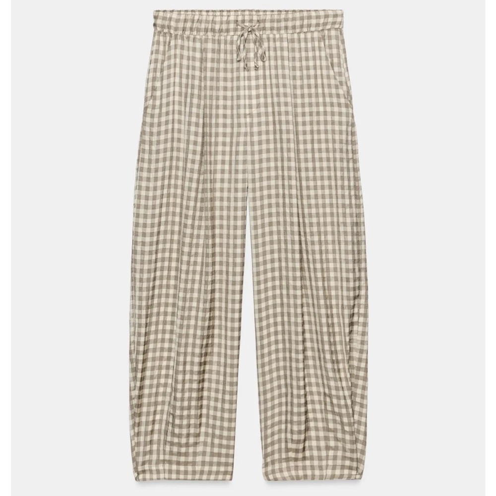 Zara Flowy Gingham Plaid Pants in Taupe & Cream